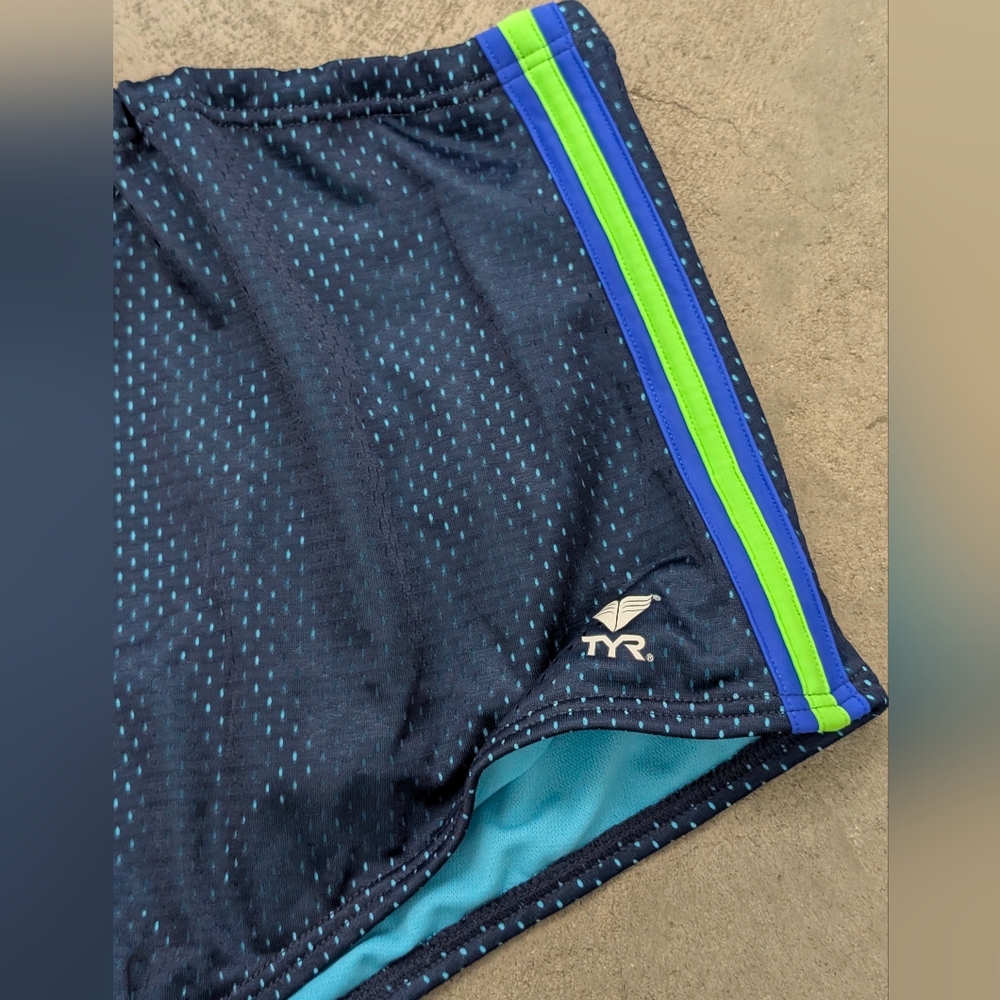 TYR Navy Swim Shorts with Green Stripe, Size 38